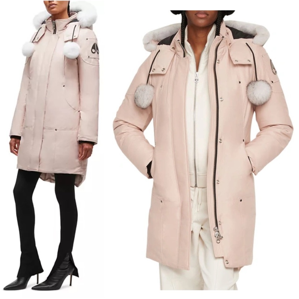 EUC Moose Knuckles Dusty Rose Pink Stirling Parka Jacket w/ Blue Fox Fur Trim